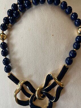Vintage Trifari (possibly) Navy Blue Enamel Bow Blue Bead Necklace